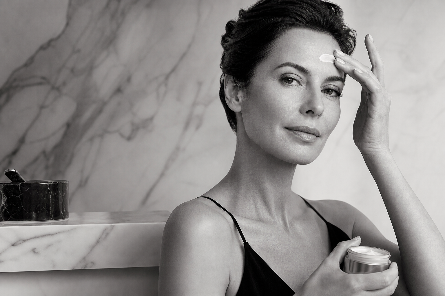 Donna elegante che applica COCO Siero Crema sulla fronte