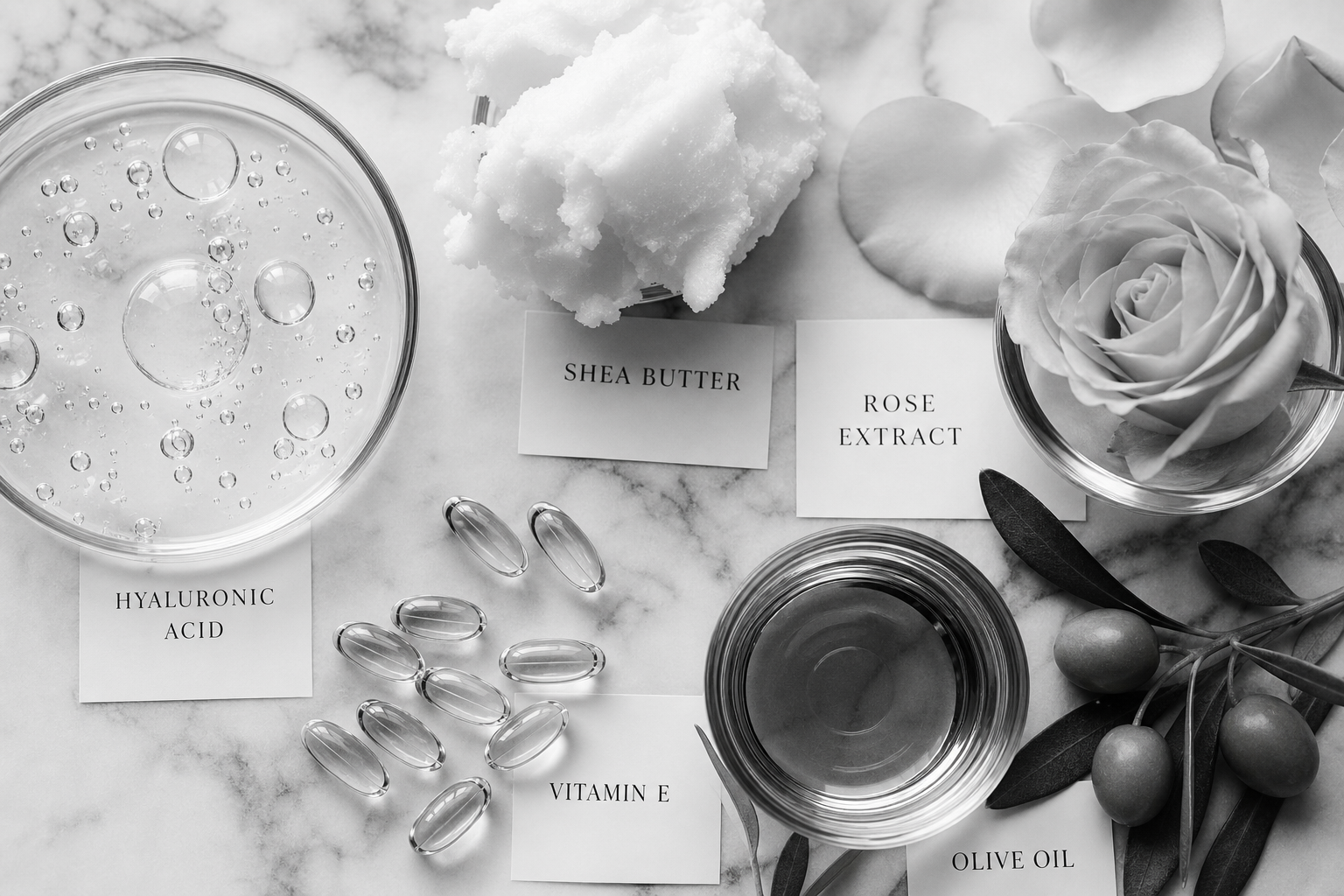 Ingredienti naturali COCO — acido ialuronico, karité, vitamina E